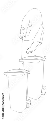 One continuous line of hand with Garbage Bin. Thin Line Illustration vector concept. Contour Drawing Creative ideas.