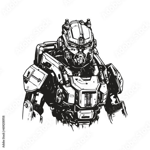 science fiction military robot warrior, vintage logo line art concept black and white color, hand drawn illustration