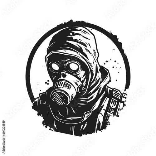 stalker survivor, vintage logo line art concept black and white color, hand drawn illustration