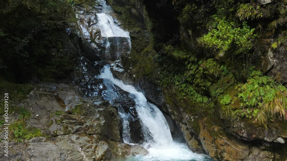 Waterfall in wilderness natural environment temperate forest of New Zealand Waterfall in wilderness natural environment temperate forest of New Zealand