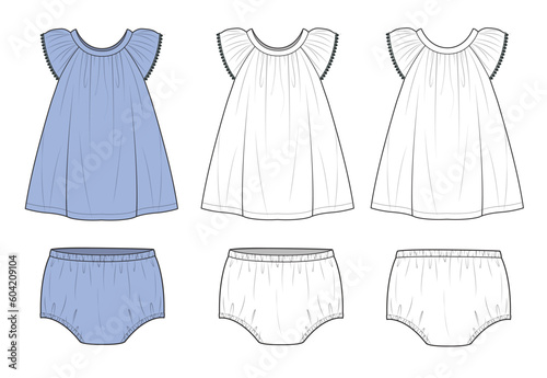 Girls kids dress with short pant front and back view technical flat drawing vector template.