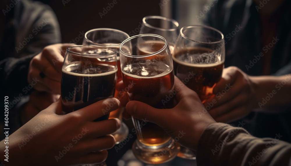 Group of friends cheers with drinks at lively bar party generated by AI