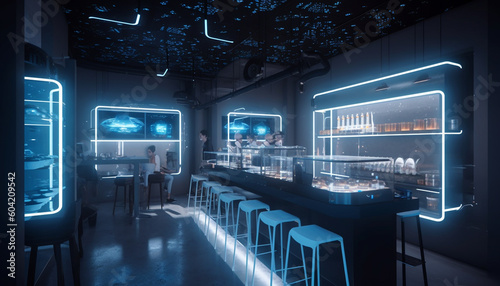 Futuristic nightclub illuminates cityscape with modern lighting equipment and technology generated by AI