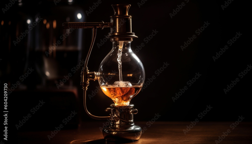 A glowing whiskey glass on an elegant wooden table generated by AI A glowing whiskey glass on an elegant wooden table generated by AI