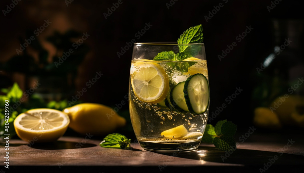 A refreshing lemon mojito cocktail on a rustic wooden table generated by AI A refreshing lemon mojito cocktail on a rustic wooden table generated by AI