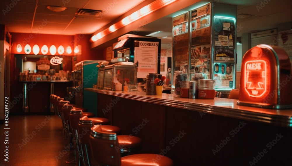 Modern bar counter illuminates luxury nightlife inside entertainment club generated by AI