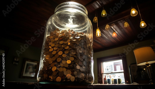 Shiny glass jar filled with fresh gourmet coffee beans indoors generated by AI