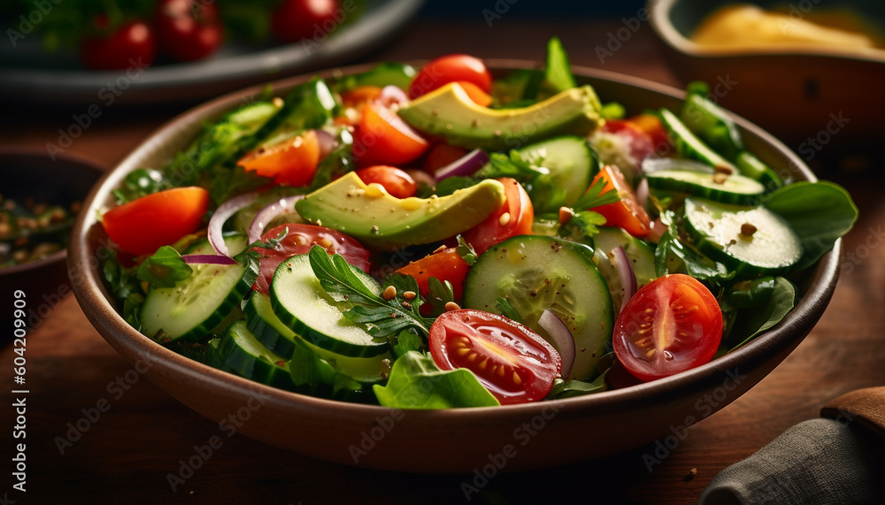 Fresh gourmet salad with organic vegetables, ripe cherry tomatoes, and mozzarella generated by AI Fresh gourmet salad with organic vegetables, ripe cherry tomatoes, and mozzarella generated by AI