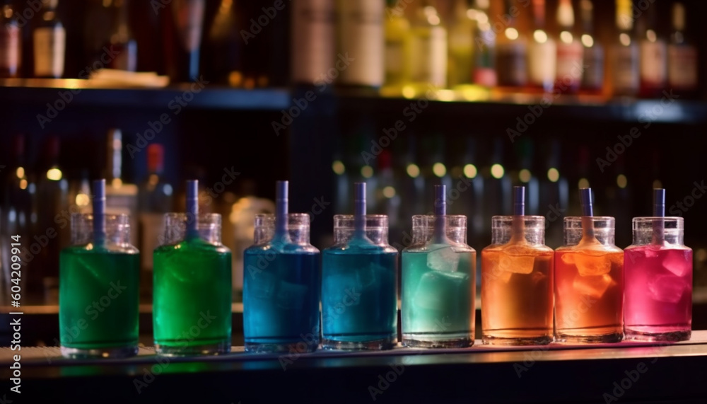 A row of multi colored cocktail bottles illuminate the bar counter generated by AI A row of multi colored cocktail bottles illuminate the bar counter generated by AI