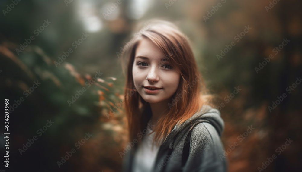 A carefree young woman smiling in nature beauty, confident and happy generated by AI A carefree young woman smiling in nature beauty, confident and happy generated by AI