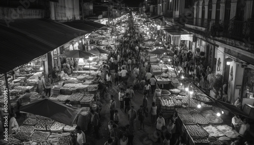 Busy night market vendors selling souvenirs in crowded city streets generated by AI © Stockgiu