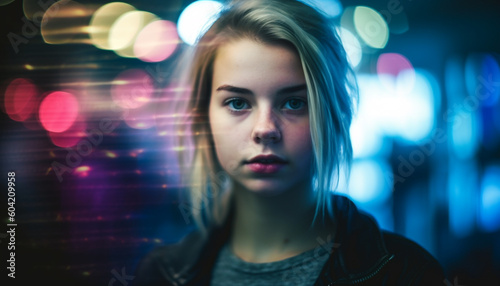 One young adult woman, illuminated by city nightlife, looking at camera generated by AI