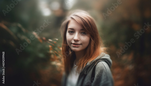 A carefree young woman smiling in nature beauty, confident and happy generated by AI