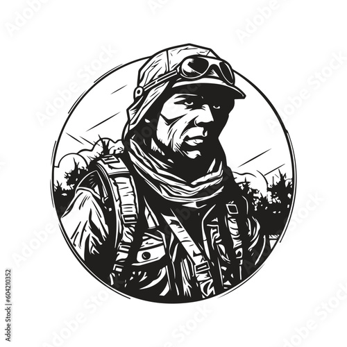 stalker survivor, vintage logo line art concept black and white color, hand drawn illustration