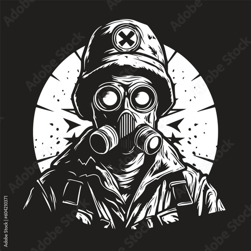 survivor of nuclear, vintage logo line art concept black and white color, hand drawn illustration
