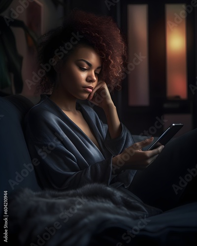 Brown-Haired Young Woman Sitting Relaxed on a Couch: Comfortable Scrolling Through Smartphone Applications, Online Shopping After Work, Communication via Social Media