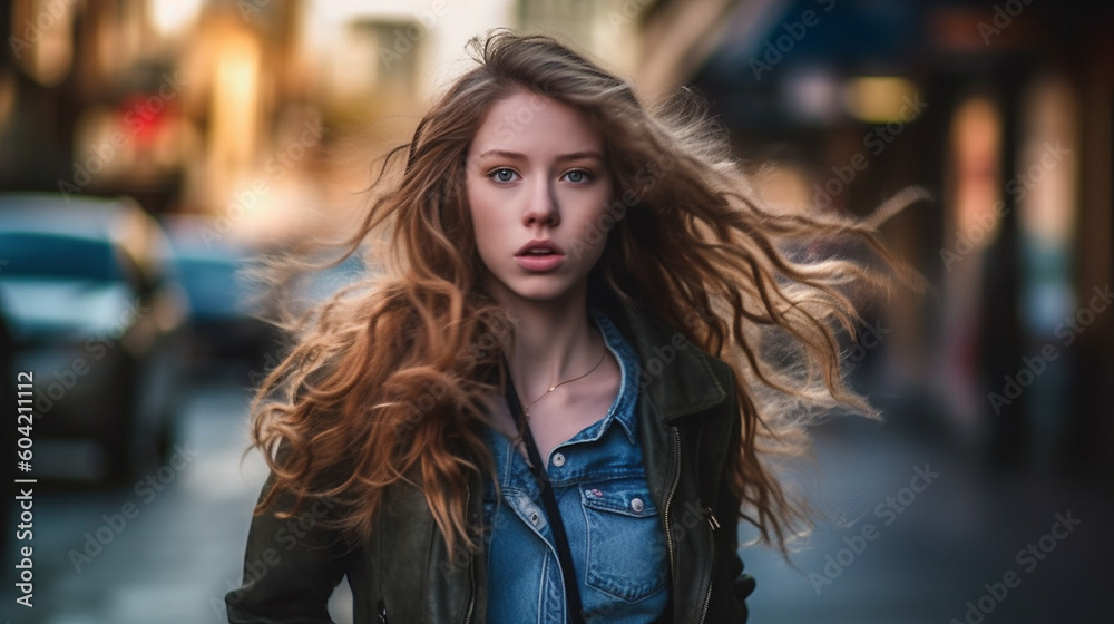 young adult woman running fast through the street, side street, local, in a hurry, hurry, running fast. Generative AI young adult woman running fast through the street, side street, local, in a hurry, hurry, running fast. Generative AI