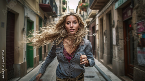 young adult woman running fast through the street, side street, local, in a hurry, hurry, running fast, being excited and having fun. Generative AI