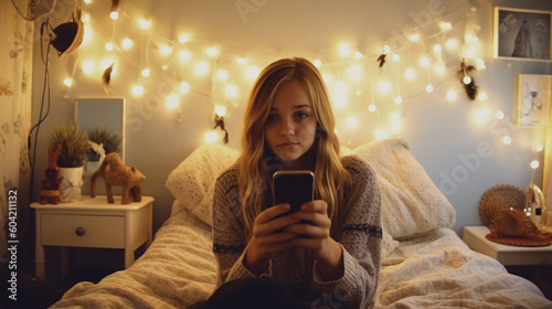 teen teenager girl takes a selfie with the smartphone mobile phone, at home in the children's room on the bed, close-up self portrait. Generative AI
