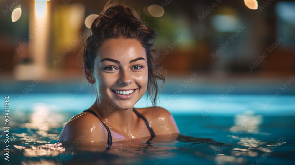 young adult woman, multiracial swims in swimming pool in water, tropical, fun and joy, beauty, slender, fictional location. Generative AI