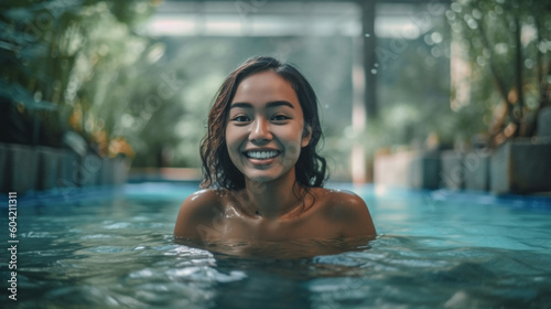 young adult woman swims in outdoor swimming pool, public pool or private pool or hotel pool. Generative AI