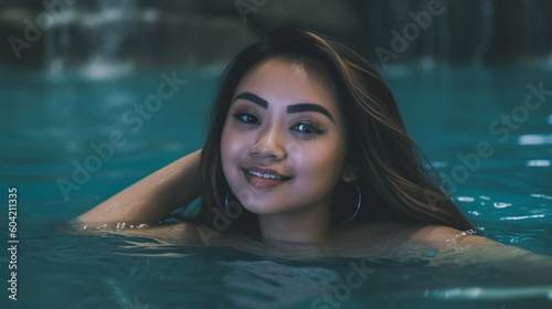 young adult woman  multiracial swims in swimming pool in water  tropical  fun and joy  beauty  slender  fictional location. Generative AI