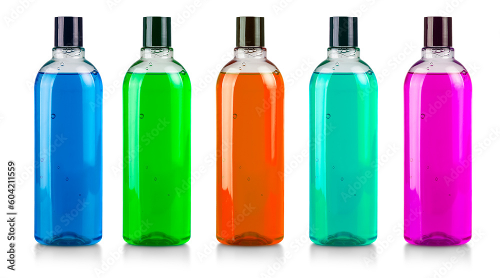 Set of colored Shampoo bottle on a white background with clipping path