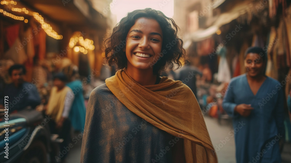 Young adult woman is on vacation or has emigrated, fictitious place, side street with local people in everyday life, discover real life, city trip and excursion, collect experiences. Generative AI Young adult woman is on vacation or has emigrated, fictitious place, side street with local people in everyday life, discover real life, city trip and excursion, collect experiences. Generative AI