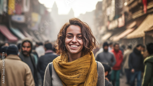 Wallpaper Mural Young adult woman is on vacation or has emigrated, fictitious place, side street with local people in everyday life, discover real life, city trip and excursion, collect experiences. Generative AI Torontodigital.ca