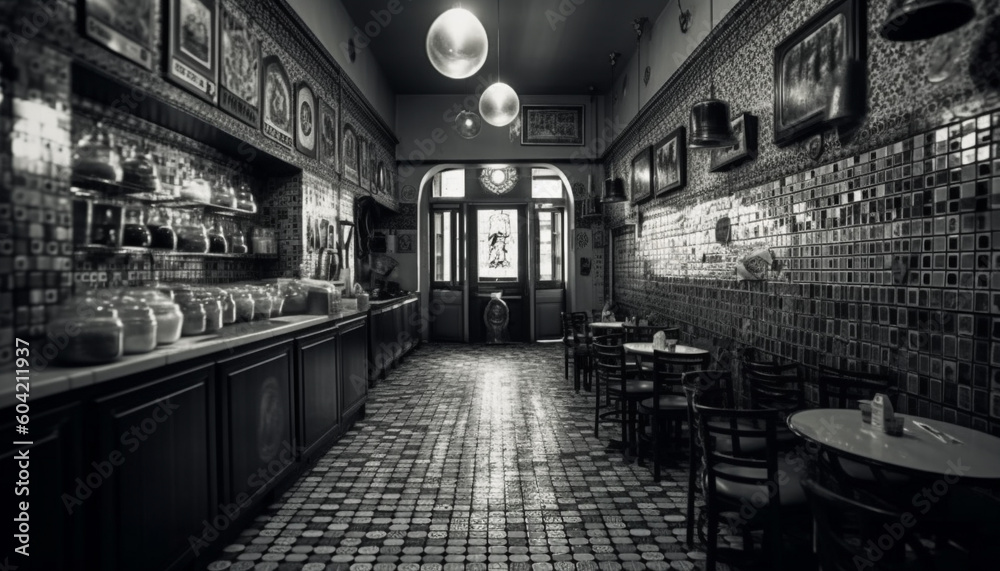 A luxurious black and white bar inside an old fashioned pub generated by AI