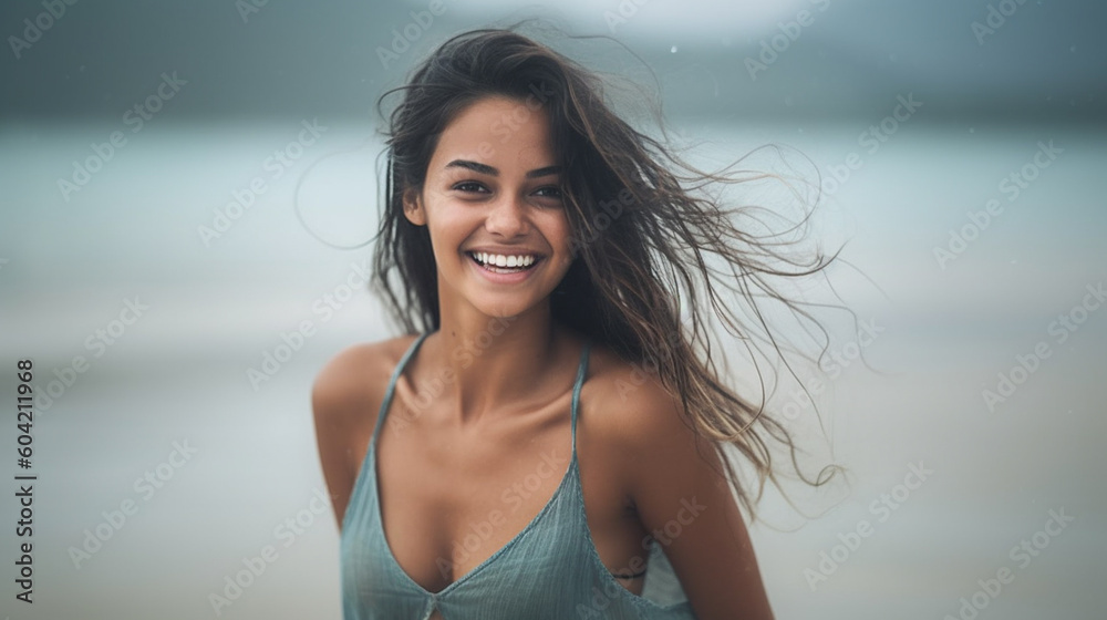 young adult woman on the beach, fictional place. Generative AI