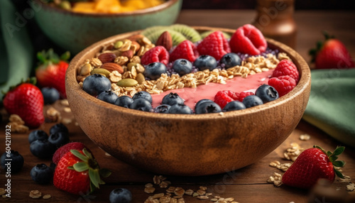 A gourmet bowl of organic berry fruit and granola goodness generated by AI