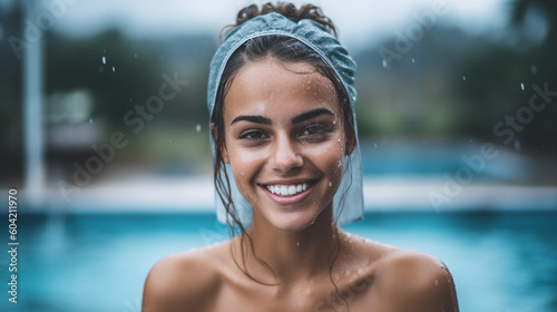 tropical rain, rainy but warm afternoon, young adult woman at the swimming pool of her private villa, fictional place. Generative AI