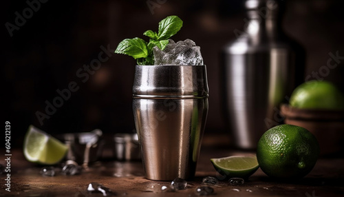 A rustic mojito with fresh mint, lime, and ice cubes generated by AI