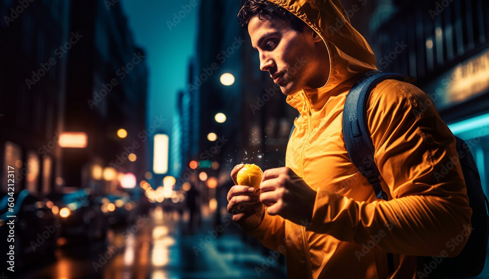 Naklejka premium One man walking outdoors at night under street light generated by AI