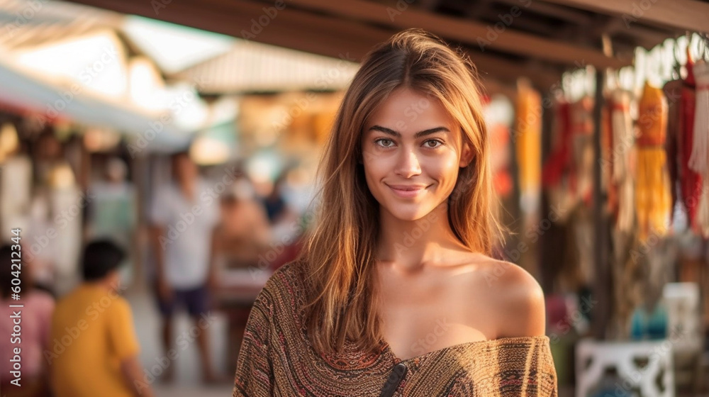 young adult woman on vacation in a local side street for tourists, shopping tour and city stroll, stroll through the city. Generative AI young adult woman on vacation in a local side street for tourists, shopping tour and city stroll, stroll through the city. Generative AI