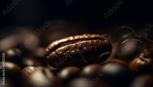 Dark coffee bean backdrop with selective focus on fresh cappuccino generated by AI