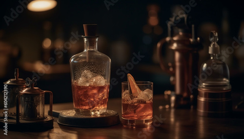 At the bar counter, the bartender pours a whiskey cocktail generated by AI