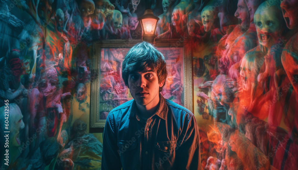 Obraz premium One young adult male, illuminated in dark city nightlife generated by AI