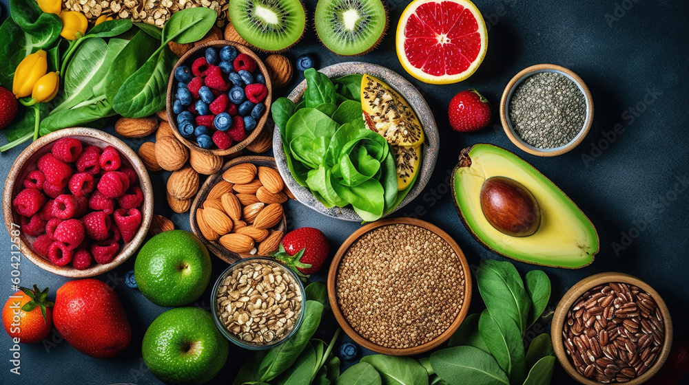 Healthy food with clean eating, fruit, vegetable, seeds, superfood, cereal Healthy food with clean eating, fruit, vegetable, seeds, superfood, cereal