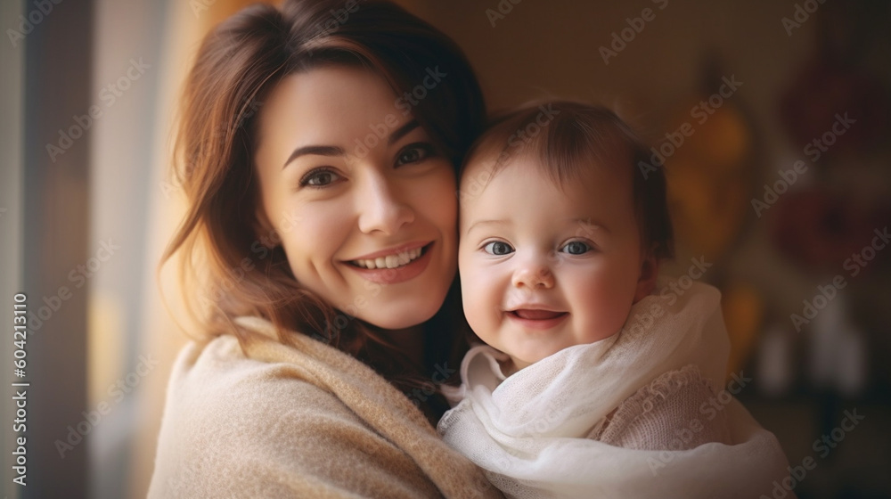 adult woman with a smile with her daughter, girl, snuggled up cozy in bed, mother's love. Generative AI adult woman with a smile with her daughter, girl, snuggled up cozy in bed, mother's love. Generative AI