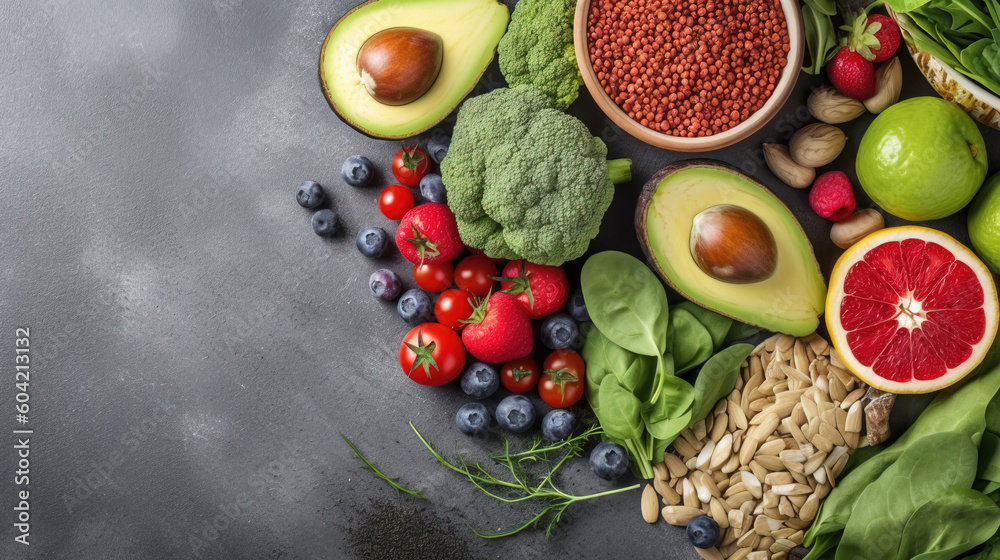 Healthy food with clean eating, fruit, vegetable, seeds, superfood, cereal Healthy food with clean eating, fruit, vegetable, seeds, superfood, cereal