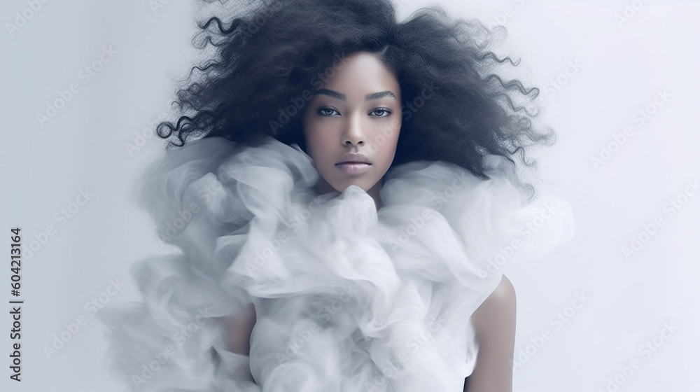 young adult woman wears gentle soft fabric as clothes, snuggled up, femininity and beauty, fashion and model, cozy fabric. Generative AI young adult woman wears gentle soft fabric as clothes, snuggled up, femininity and beauty, fashion and model, cozy fabric. Generative AI