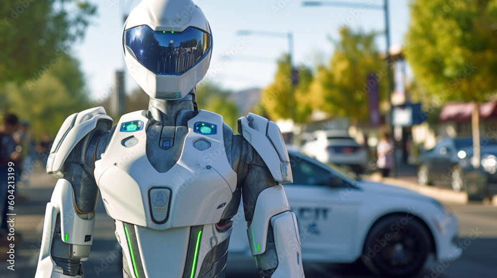 a robot is police-robot with armor and white combat-suit with robotic assistance, humanoid android with artificial intelligence. Generative AI a robot is police-robot with armor and white combat-suit with robotic assistance, humanoid android with artificial intelligence. Generative AI