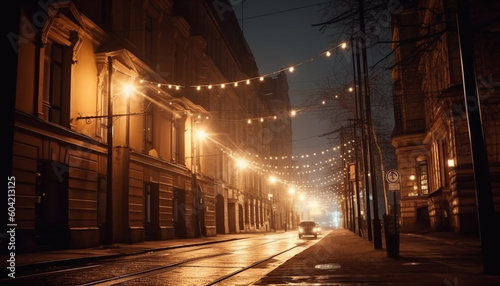 The illuminated city street, decorated with Christmas lights, glows yellow generated by AI