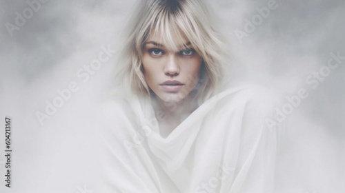 young adult woman wears gentle soft fabric as clothes, snuggled up, femininity and beauty, fashion and model, cozy fabric. Generative AI