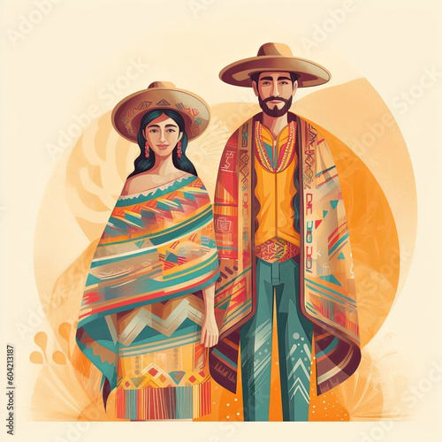 Latin America couple that, reflecting the history, customs and local craftsmanship that have shaped Latin American fashion with bold colors to intricate prints and embellishments. Generative AI.