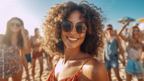 young adult woman on sandy beach with group of friends, tourists enjoy sunny day on vacation, spending time together doing activities and relaxing. Generative AI