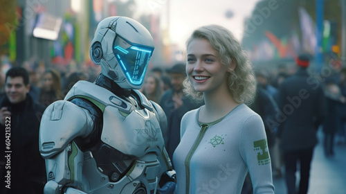 young adult woman is soldier with combat suit, machine robot, cyborg, humanoid android with artificial intelligence, protection and policeman, policewoman in a big city, crowd people. Generative AI