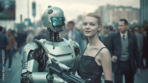 robot soldier with and as combat suit, machine robot, cyborg, humanoid android with artificial intelligence, protection and policeman, policeman in a big city, crowd people. Generative AI